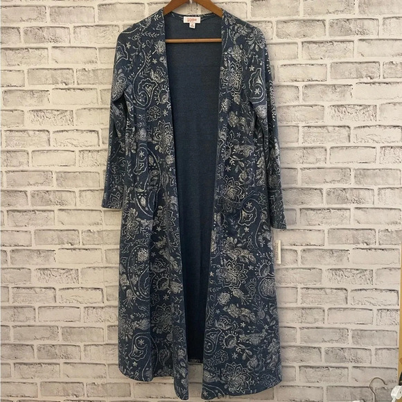 NWT Lularoe Sarah duster cardigan blue with silver floral paisley pattern S - Picture 1 of 7